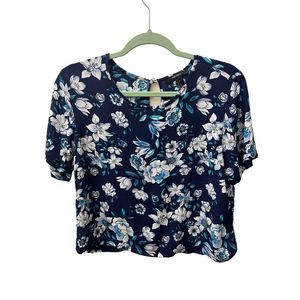 Forever21 Navy Blue Floral Cropped blouse Roses 0216